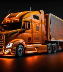 exposure of an orange American truck on a black background